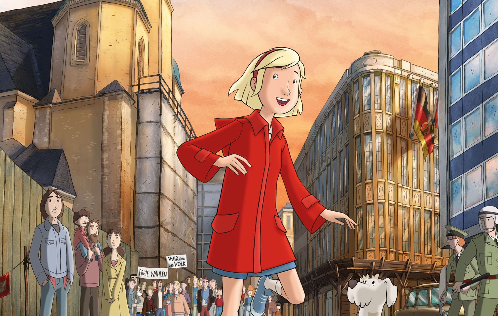 Zeichentrickanimation: Ein Mädchen ist in der Leipziger Altstadt zu sehen, im Hintergrund wird eine Demonstration gezeigt.