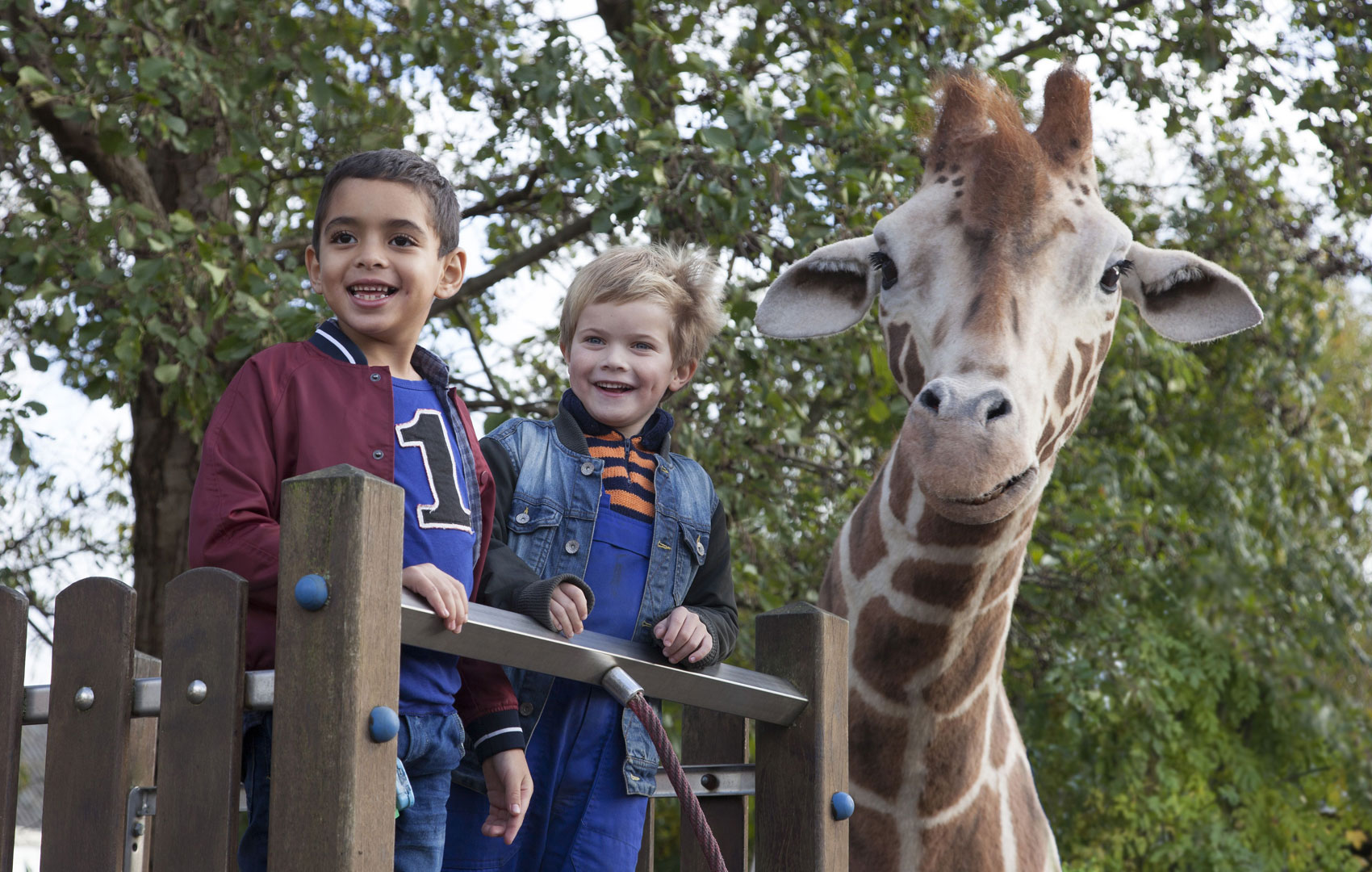 Zwei Jungs stehen auf einem Klettergerüst und schauen zum linken Bildrand hinaus. Rechts neben ihnen ragt ein Giraffenkopf empor. Die Giraffe schaut in dieselbe Richtung.