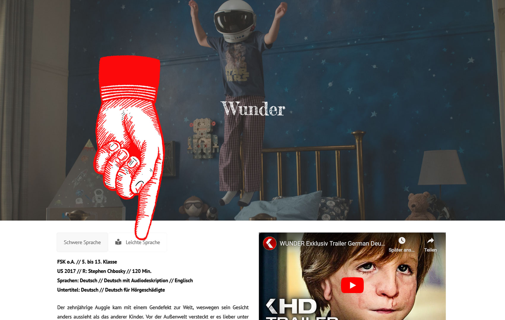 Screenshot einer Filmseite mit einer Hand, die zeigt, wo die Texte in Leichter Sprache zu finden sind.