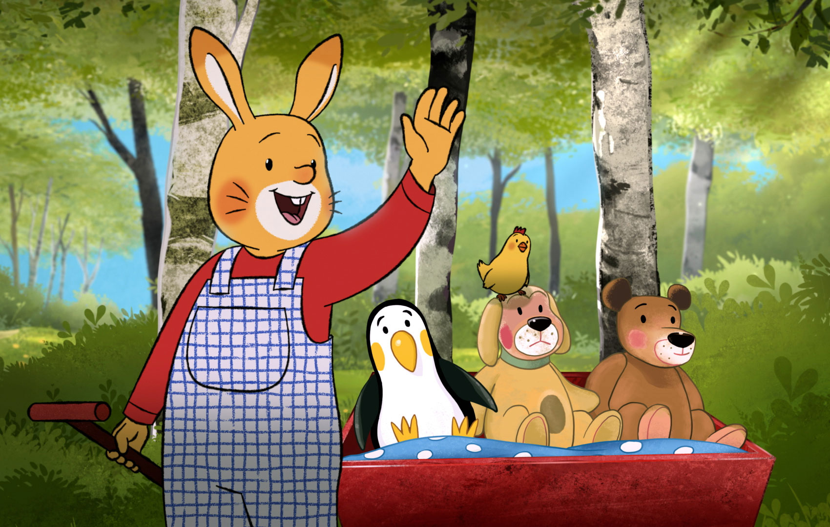 Zeichentrickanimation: Ein Hase in einer Latzhose steht und winkt. Er zieht einen Bollerwagen hinter sich her, in dem ein Pinguin, ein Hund, ein Vogel und ein Bär sitzen.
