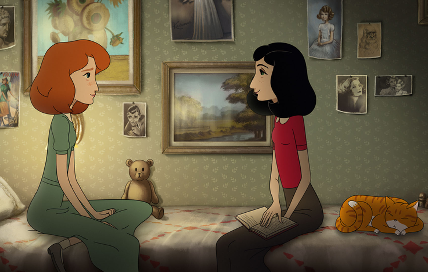 Zeichentrickanimation: Zwei Mädchen im Teenager-Alter sitzen sich auf einem Bett gegenüber. Eine von ihnen hat ein Tagebuch in der Hand.