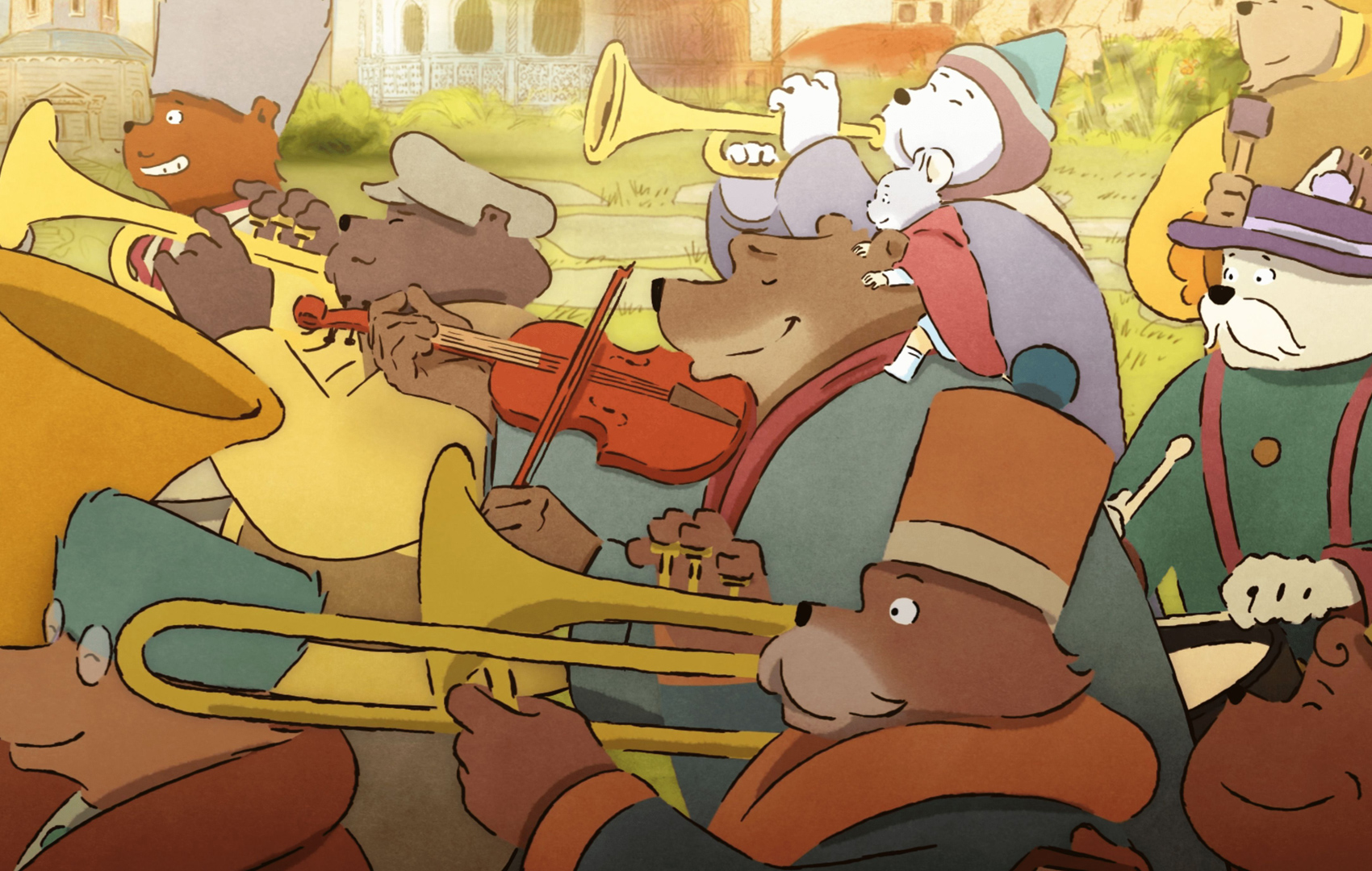 Zeichentrickanimation: Bären marschieren musizierend durchs Bild: Sie spielen Tromete, Posaue, Trommel und Geige.