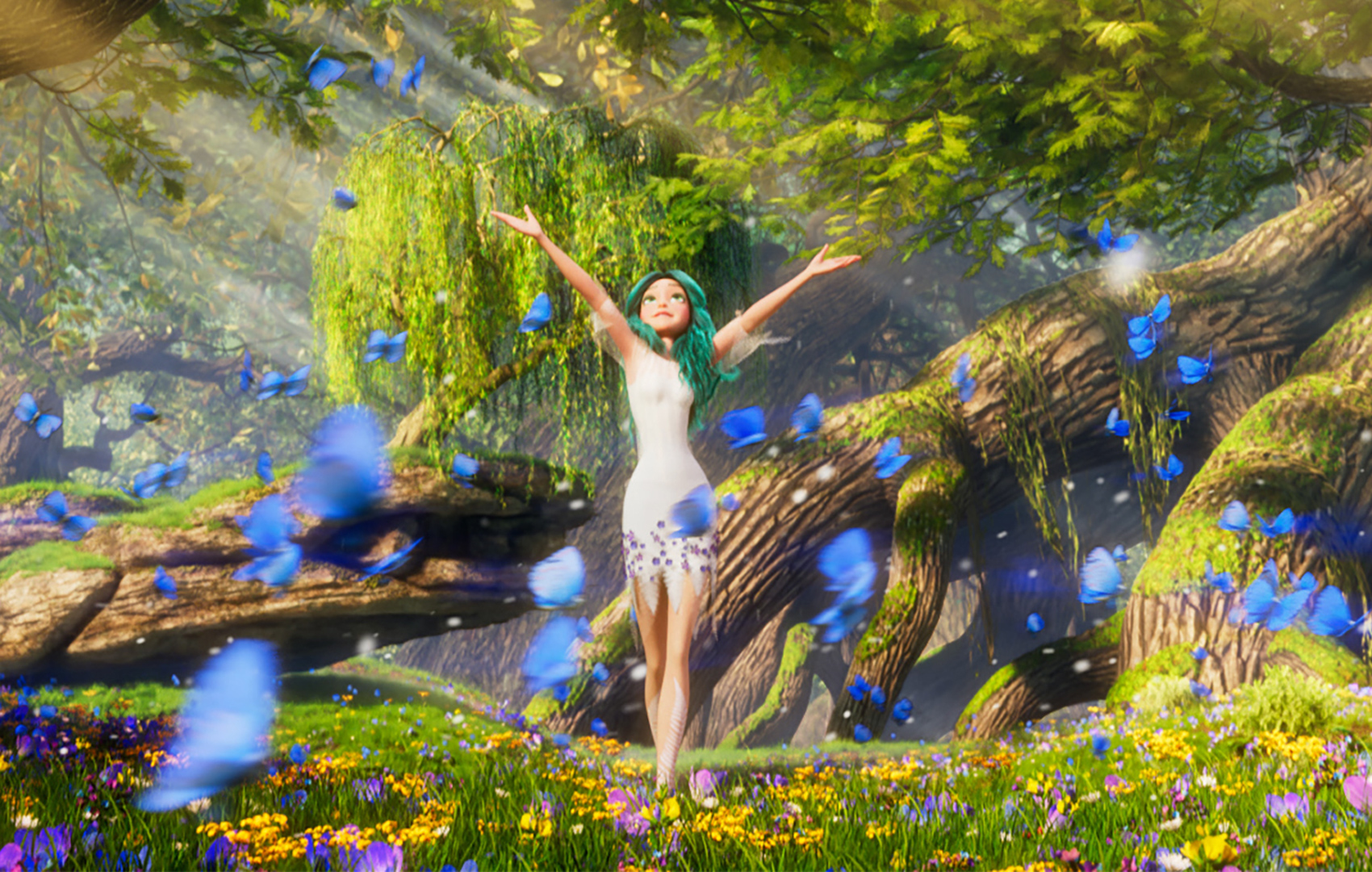 Animationsfilm: Ein Mädchen steht mit erhobenen, ausgebreiteten Armen auf einer Blumenwiese im Wald. Blaue Schmetterlinge schweben um sie herum.