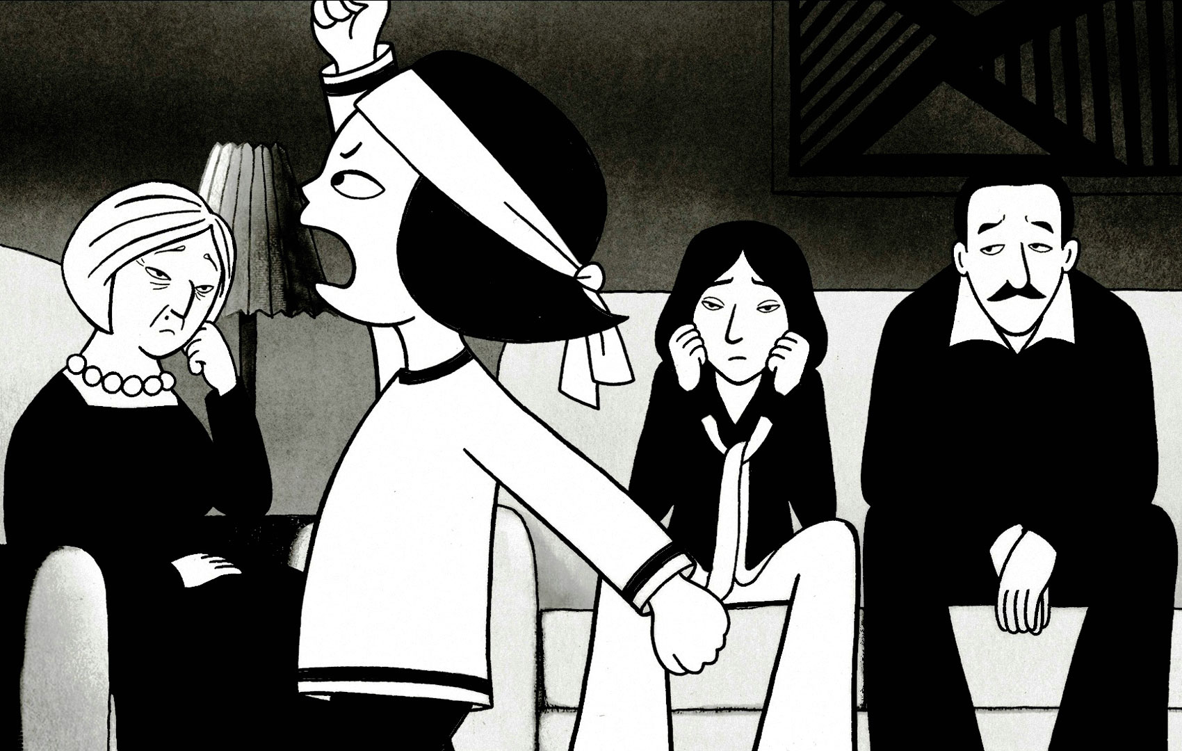 Schwarz-weiße Zeichentrickanimation: Ein kleines Mädchen läuft in kämpferischer Pose vor seiner Familie auf und ab.