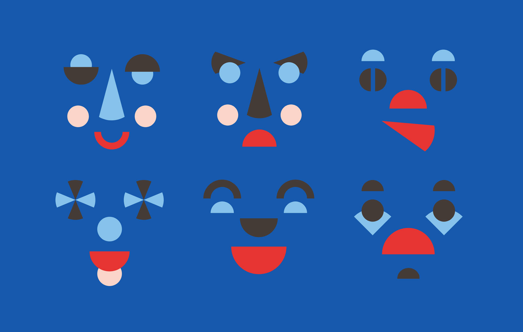 Vor einem blauen Hintergrund wurden aus einfachen Formen wie Kreisen und Dreiecken Gesichter gelegt. Dabei gibt es fröhliche, traurige, skeptische, überraschte, wütende und lachende Blicke.