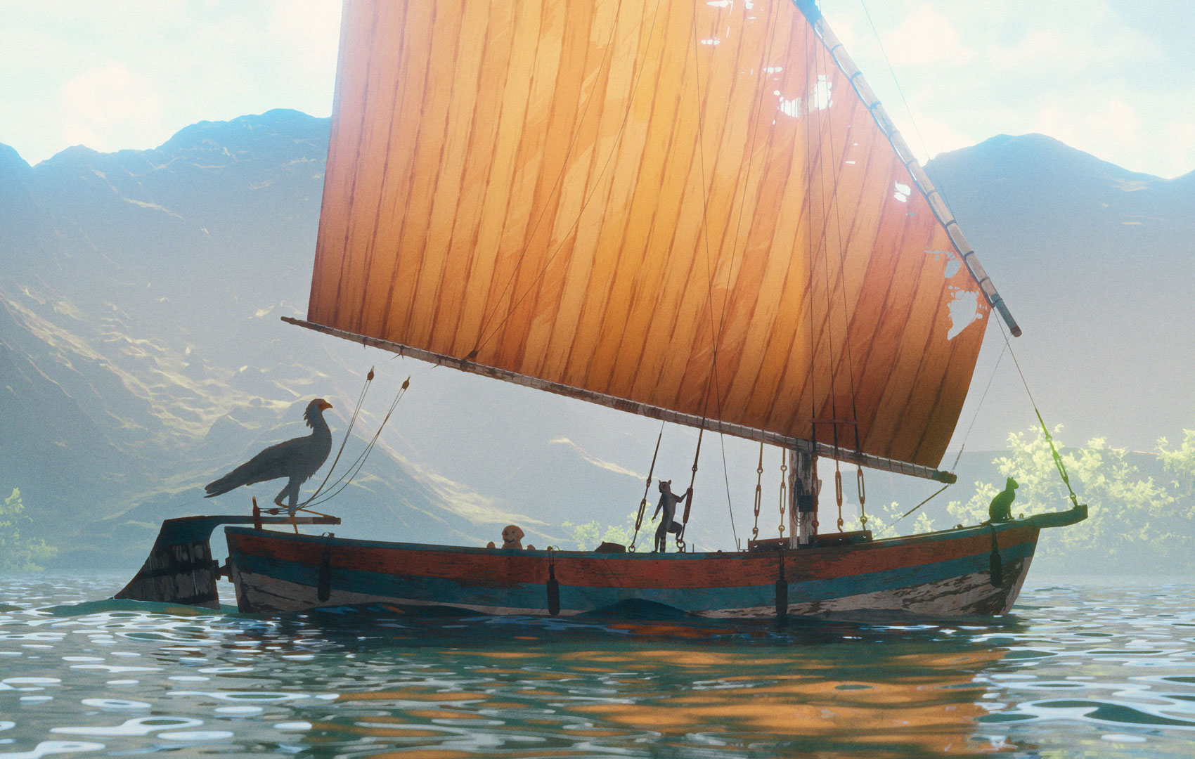Digitale Animation: Ein Segelboot fährt vor einem bergigen Hintergrund auf dem Wasser. Ein Sekretärvogel, ein Hund, ein Lemur und eine Katze steuern das Boot.