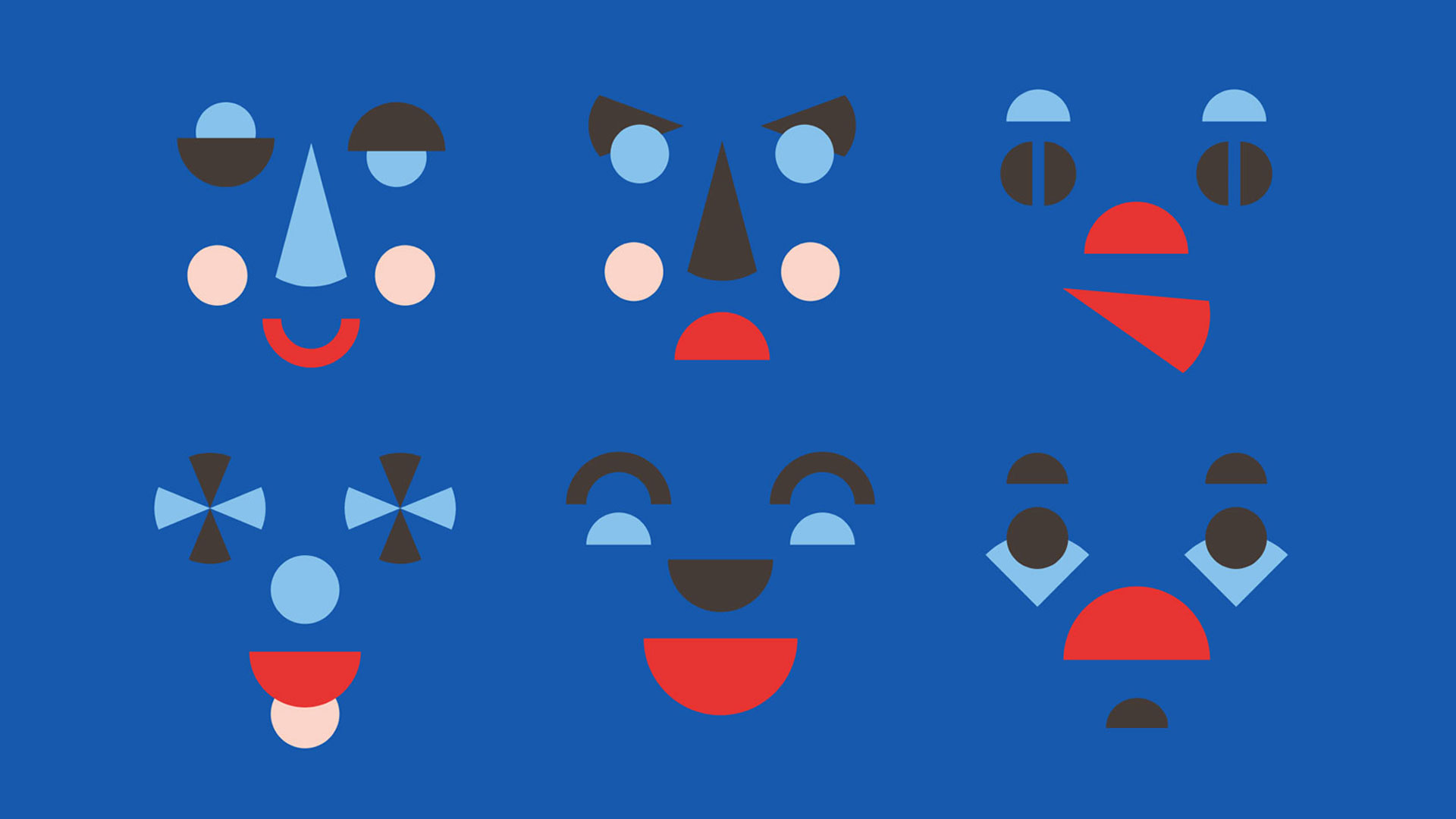 2026_slider_cinemini-worksh Vor einem blauen Hintergrund wurden aus einfachen Formen wie Kreisen und Dreiecken Gesichter gelegt. Dabei gibt es fröhliche, traurige, skeptische, überraschte, wütende und lachende Blicke.